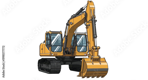 Vibrant yellow excavator heavy equipment vehicle ready for digging and construction work activity.