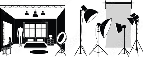 Photography studio setup silhouettes with lighting equipment backdrop and interior shooting space