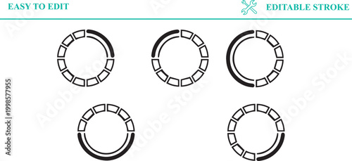 Collection of circular loading progress indicators with various segments and gaps representing different stages of completion editable stroke transparent background graphic elements.