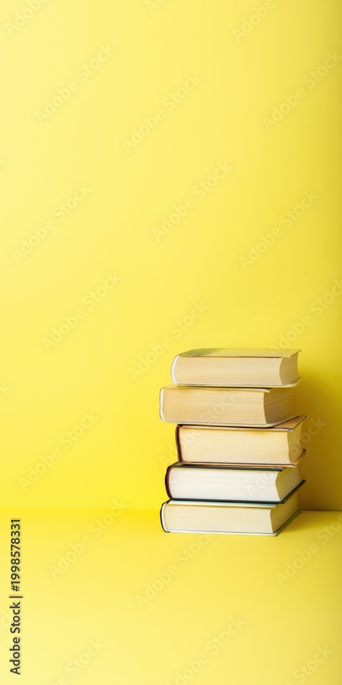 Fototapeta premium Short stack of books placed on yellow seamless background surface