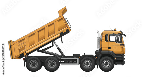 An orange dump truck with its bed raised is shown on a white background.