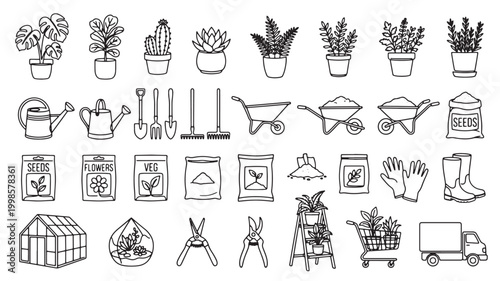 Gardening equipment and botanical items are arranged as a series of simple outline icons for agricultural retail applications.