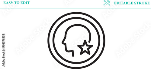 Abstract symbol representing human head profile within concentric circles and a star element indicating recognition achievement or thought process easy to edit editable stroke vector illustration.