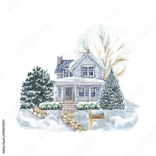 Charming blue cottage vector illustration featuring a cozy winter house with snow covered trees and a vintage sled sitting in the front yard during a quiet cold season