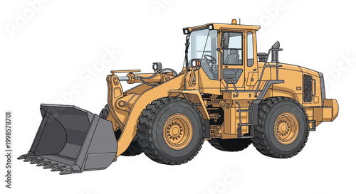 Yellow industrial wheel loader construction vehicle shown from a side view isolated on white background