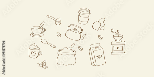 Coffee and tea doodle icon set in retro line art style for cafe menu design with espresso and hot drink