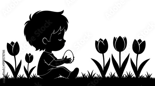 Child sitting among tulips holding Easter egg in silhouette  