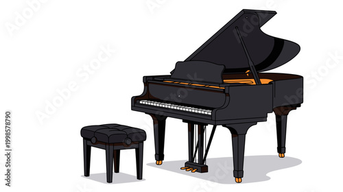 Grand piano with bench in minimalist style on white background  