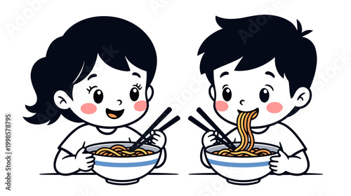 Two children enjoying noodles while sitting at a table with chopsticks  