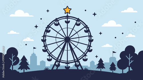 Ferris wheel silhouette with star against blue sky and cityscape  