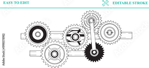 Complex arrangement of interconnected gears and levers demonstrating intricate mechanics and engineering design with solid and outline elements.