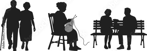 Senior lifestyle silhouettes showing companionship hobbies and relaxed moments on park bench