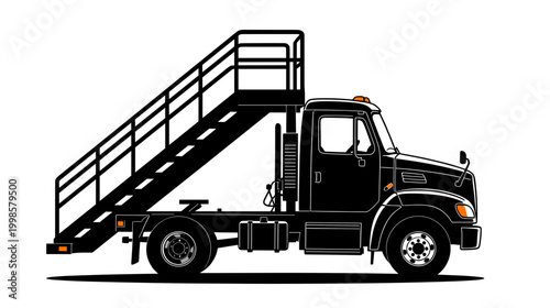 Black truck with stairs for loading and unloading cargo on white background  