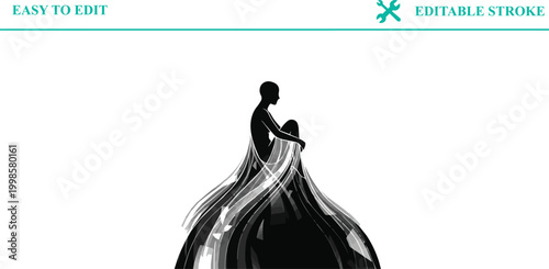 Silhouette of person embracing knees dressed in flowing gown, abstract art, isolated on transparent background, easy to edit, editable stroke graphic.