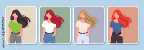 Faceless woman portrait with long hair set in flat style vector illustration.