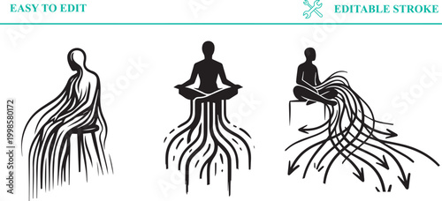 Figurative silhouettes representing human mind, consciousness, and spiritual growth with abstract flowing lines and arrows indicating thought process and mental expansion.