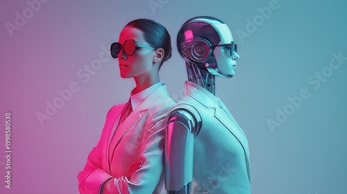 Human like humanoid robot and a person with sunglasses against a neon lit backdrop. Humanity and artificial intelligence collaboration, woman in a suit standing next to a humanoid robot.