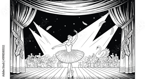 Elegant ballerina performing on stage with orchestra and dramatic spotlight lighting