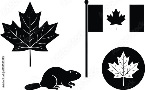 Canada day symbols maple leaf beaver and canadian flag illustration