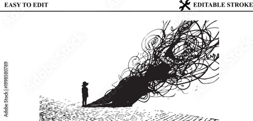 Small child stands on paved path looking at chaotic shadow representing inner turmoil and mental health struggle on transparent background easy to edit editable stroke.