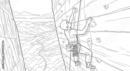 Professional rock climber ascending a steep mountain cliff in line art style