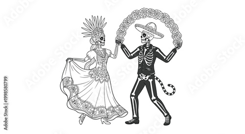 Mexican Dia de los Muertos skeleton couple dancing in traditional festive clothing