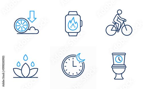 Set of six lifestyle and health activity icons with transparent background