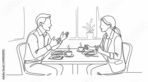 Continuous line drawing of a business meeting between a man and a woman in a restaurant.