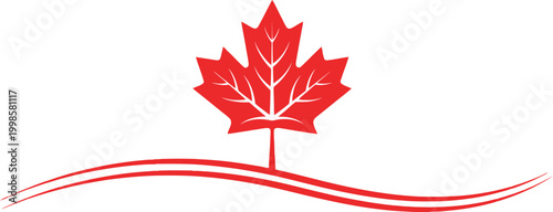 Canada day celebration vibrant red maple leaf with waving ribbon design