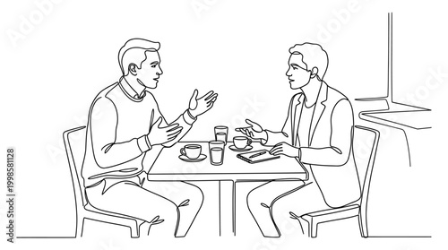 Line art illustration of two men having a conversation at a coffee shop table.