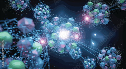Abstract molecular structure visualization with glowing connections and geometric spheres