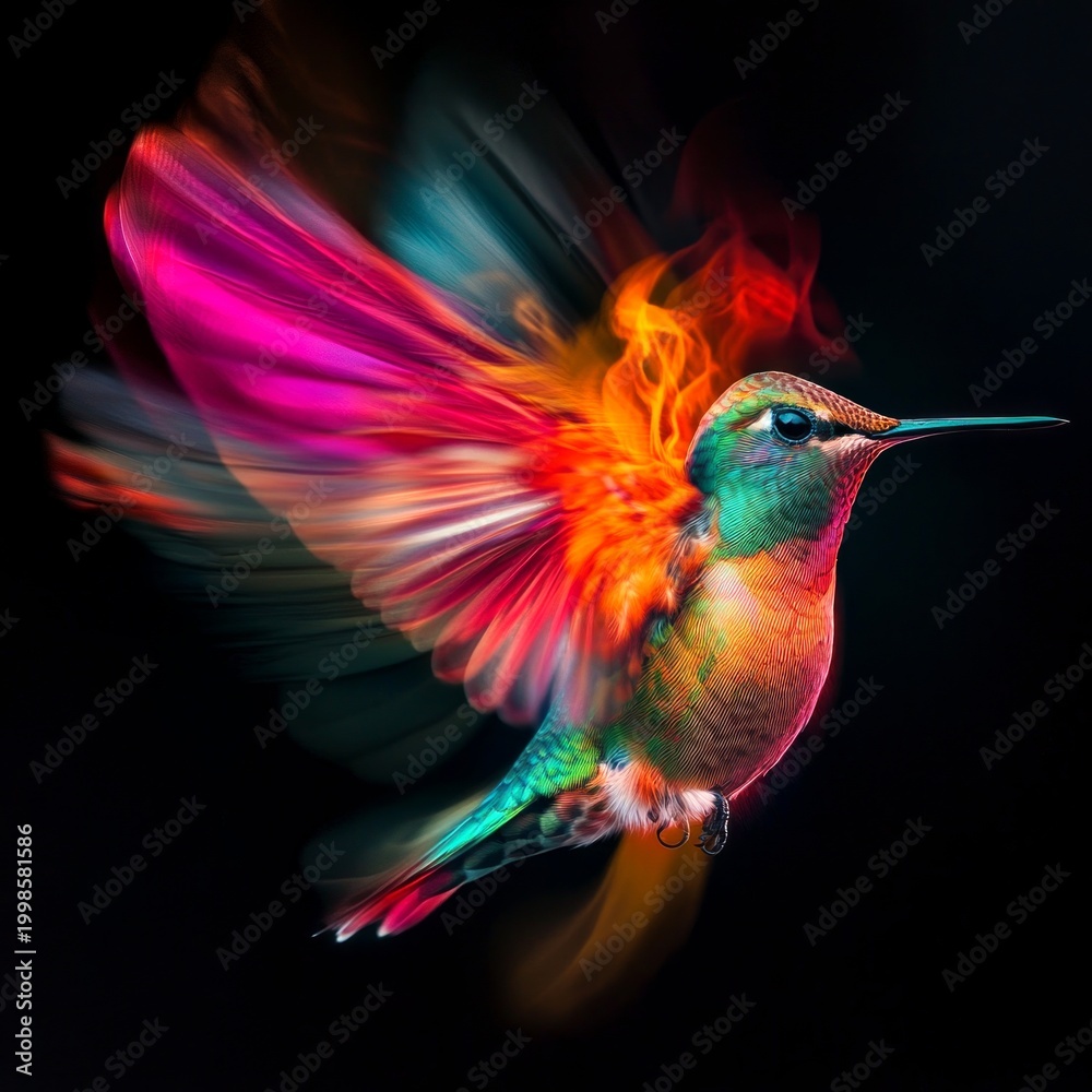 Naklejka premium A vibrant hummingbird in mid-flight showcases a colorful dance of feathers. The image captures the beauty and grace of nature. Ideal for wildlife and nature enthusiasts. AI