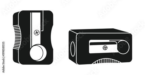 Classic stationery school and office supply vector graphic illustration featuring two pencil sharpeners in different orientations