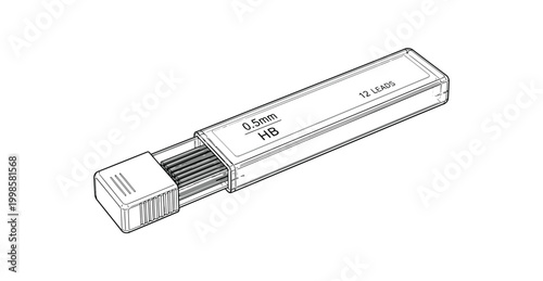 Detailed vector illustration of a plastic container holding twelve 0.5mm HB mechanical pencil leads