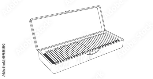 Open metal pencil case filled with many sharpened wooden drawing pencils in a clean vector graphic illustration