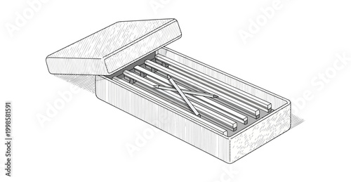 Detailed vector illustration of a rectangular wooden box holding several pencils in an open storage container format