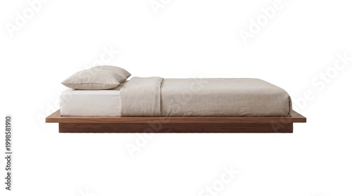 Quadro em tela A beautifully designed modern wooden platform bed with a plush mattress and cris