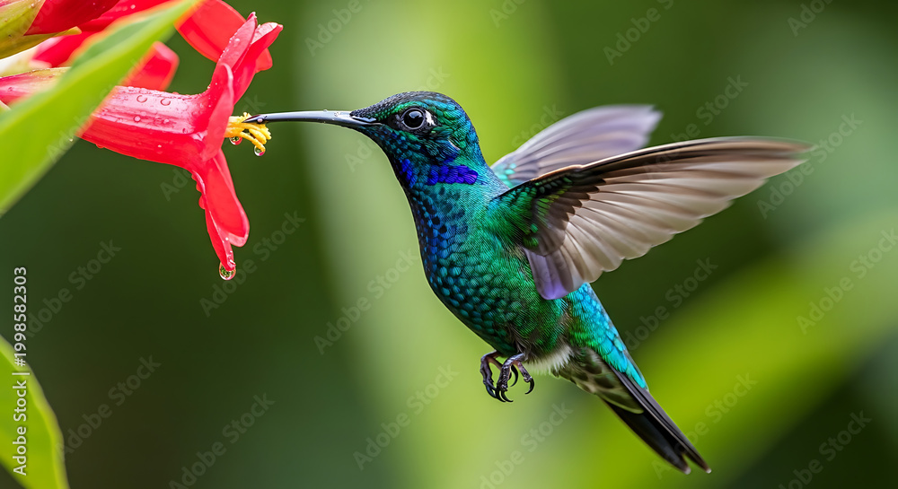 Fototapeta premium A hummingbird is feeding from a red flower in a lush green environment.