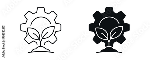 Eco gear icon set, green technology and sustainable engineering concept in line and solid style. vector illustration.