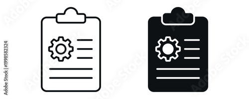 Clipboard settings icon set, task management and configuration document concept with gear in line and solid style. vector illustration.