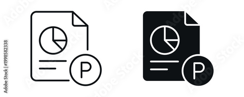 Report file P icon set, presentation or document file concept with pie chart and “P” label in line and solid style. vector illustration.
