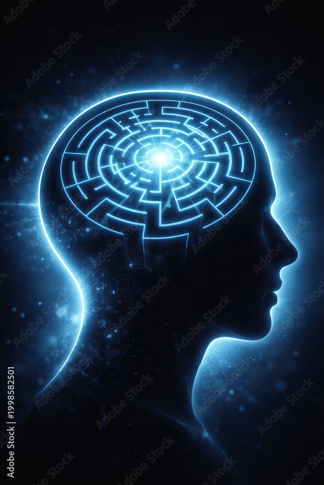 Obraz premium Artificial Intelligence Cognition: Neural Network Labyrinth in Human Profile, Abstract Neuroscience, Futuristic Mental Health, Consciousness Complexity, Innovation and Intellect, Mindfulness Concept