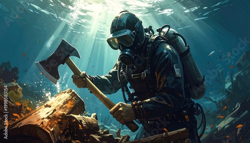 Underwater diver wielding an axe