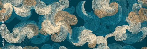 Abstract flowing scroll pattern creating dynamic waves. Seamless repeating organic pattern with swirling lines in blue and beige tones