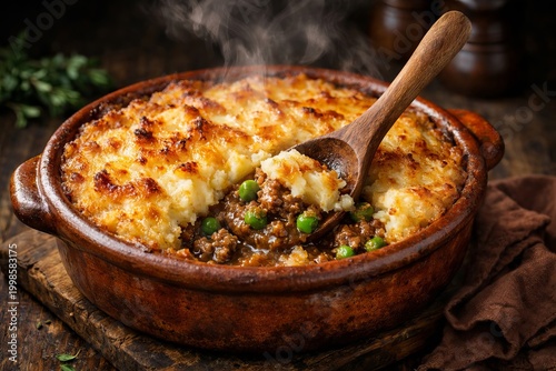 Steaming Shepherds Pie or Cottage Pie, Traditional British Cuisine Comfort Food, Rustic Baked Casserole with Minced Meat and Mashed Potato, Home Cooking Dinner Dish Served in a Gastropub Style Bowl