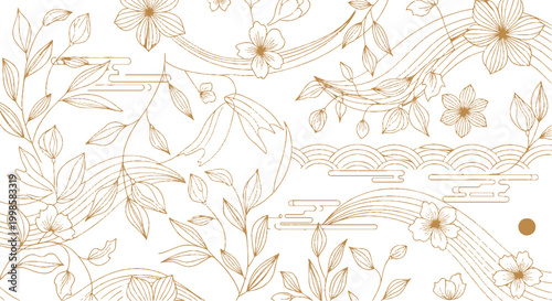 Elegant Golden Floral Line Art Illustration
