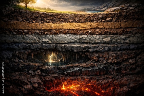 Geology Stratigraphy Earth Cross-Section Subsurface Sedimentary Strata Geological Crust Magma Lava Underground Cave Stalactite Limestone Layers Diagram Visualization Of The Planet Interior Structure