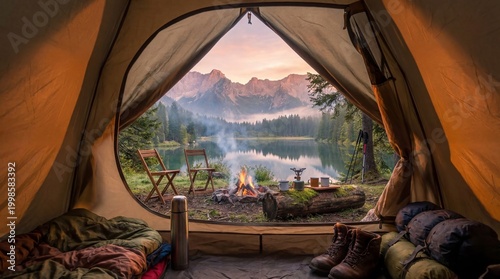 Camping Tent Set Up in Forest and Grassy Field with Campfire - Outdoor Adventure Scene