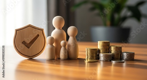 Wooden family figurines with shield and gold coins on wooden table