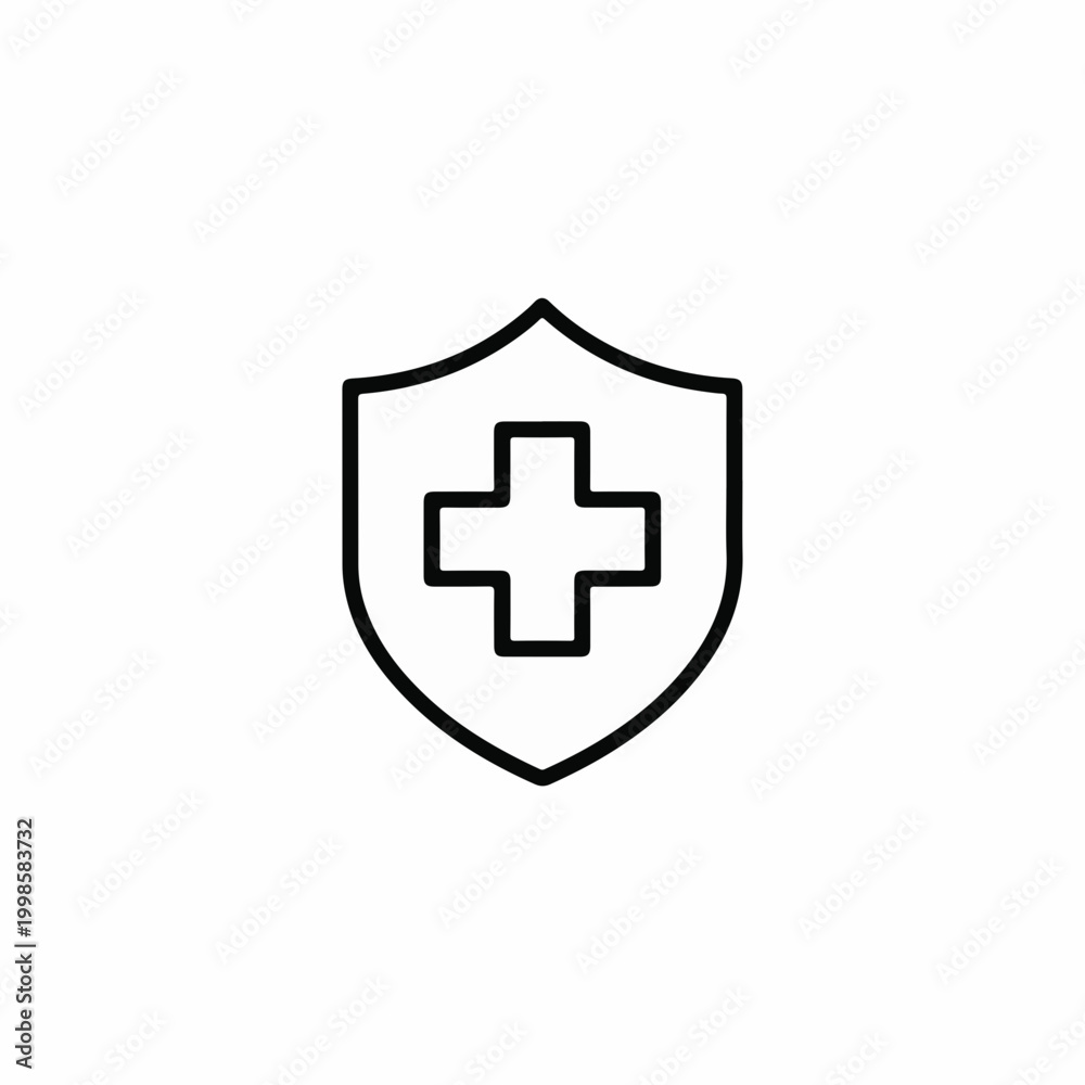 Fototapeta premium Medical shield icon with cross, black line art health insurance symbol, minimalist healthcare protection vector for medical apps and websites